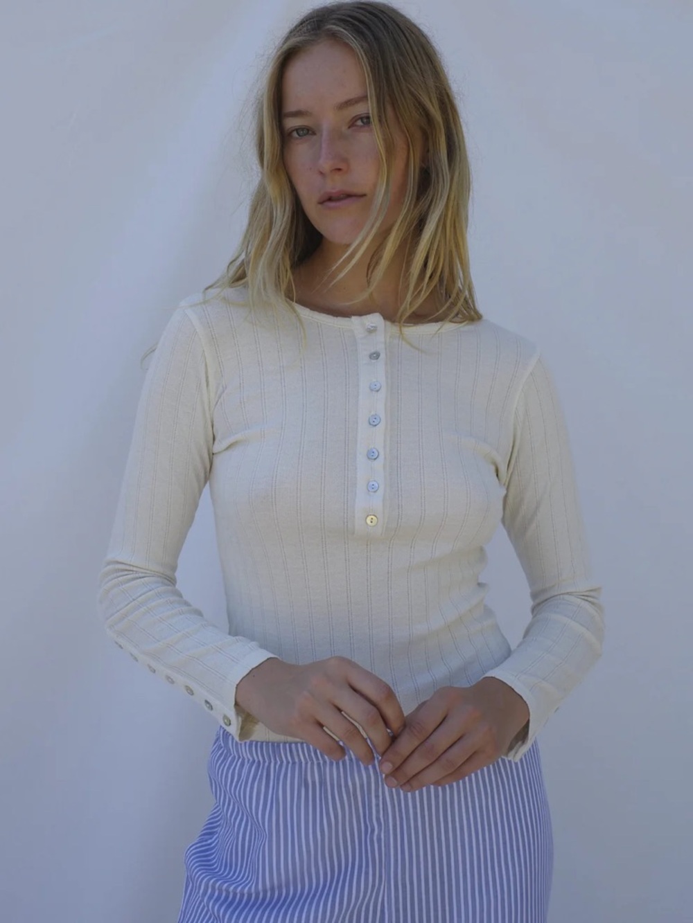 EMMA ROTHKOPF Henley Pointelle Long Sleeve Tee Cream